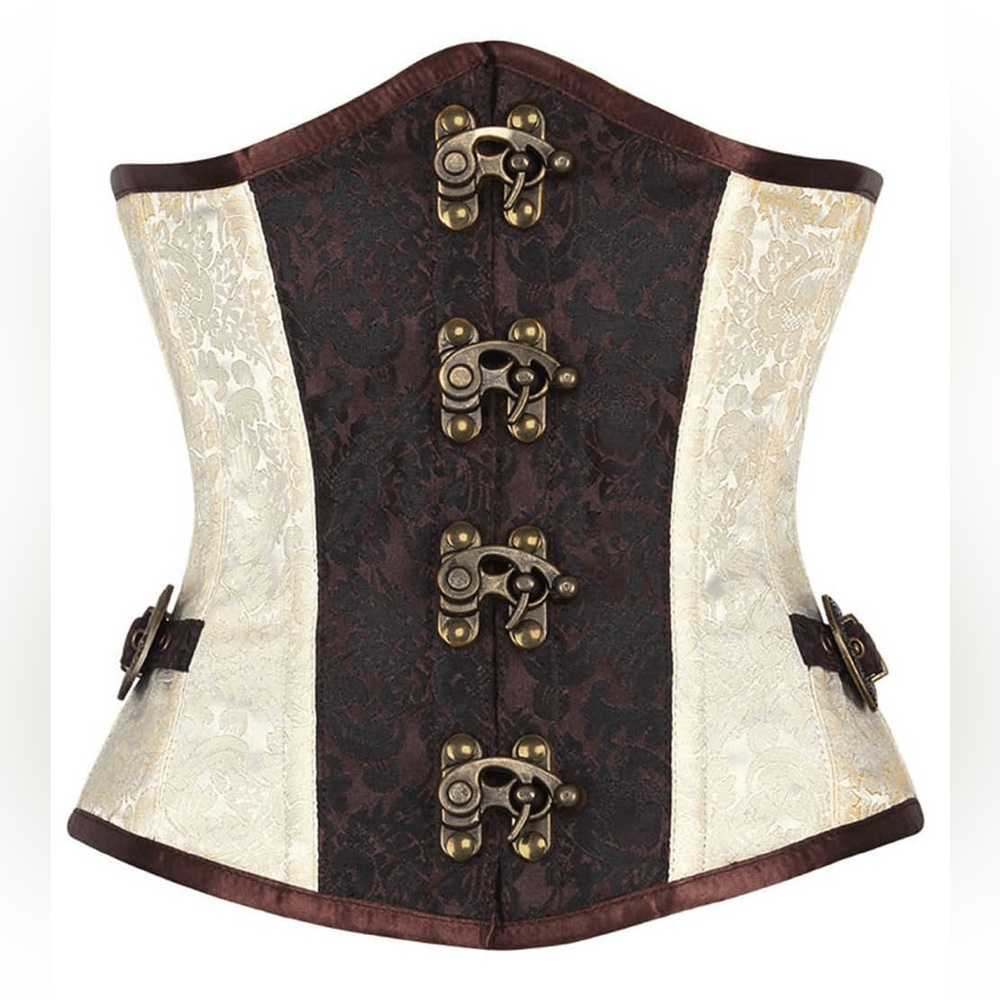 Steampunk Brocade Victorian Underbust Clasp Closure Lace Cream Brown Corset 28